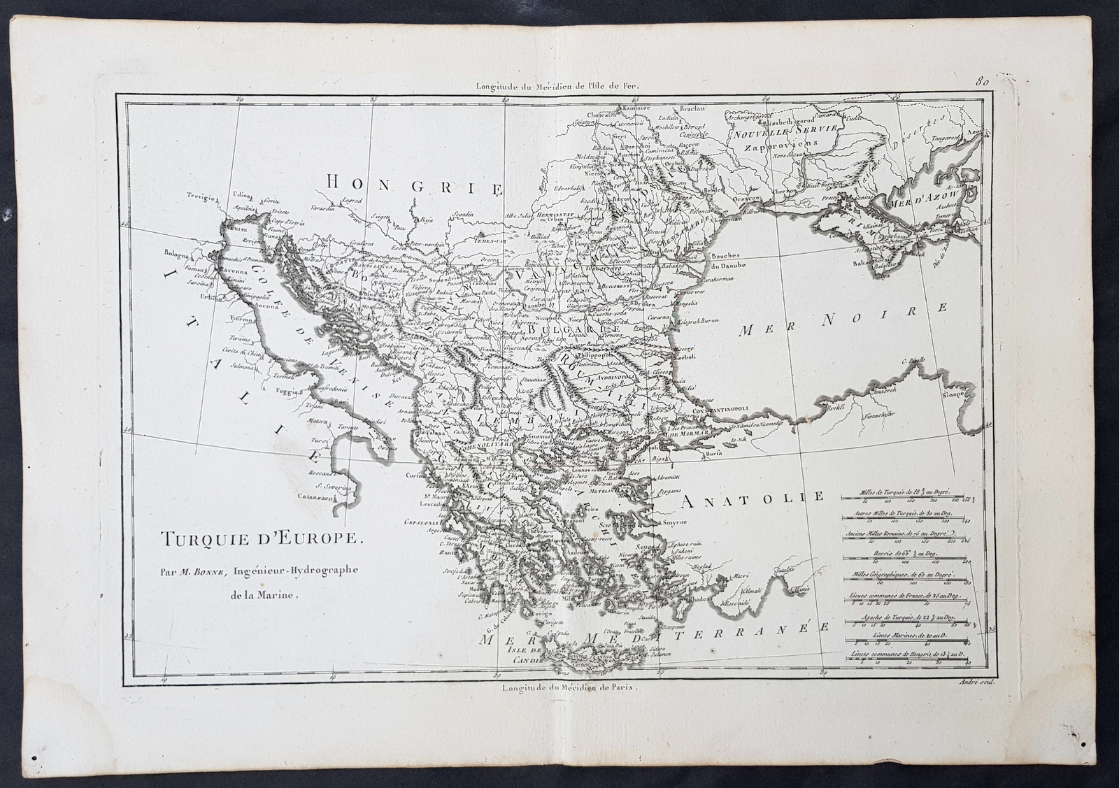 1780 Rigobert Bonne Original Antique Map of Turkey in Europe – Greece to Hungary