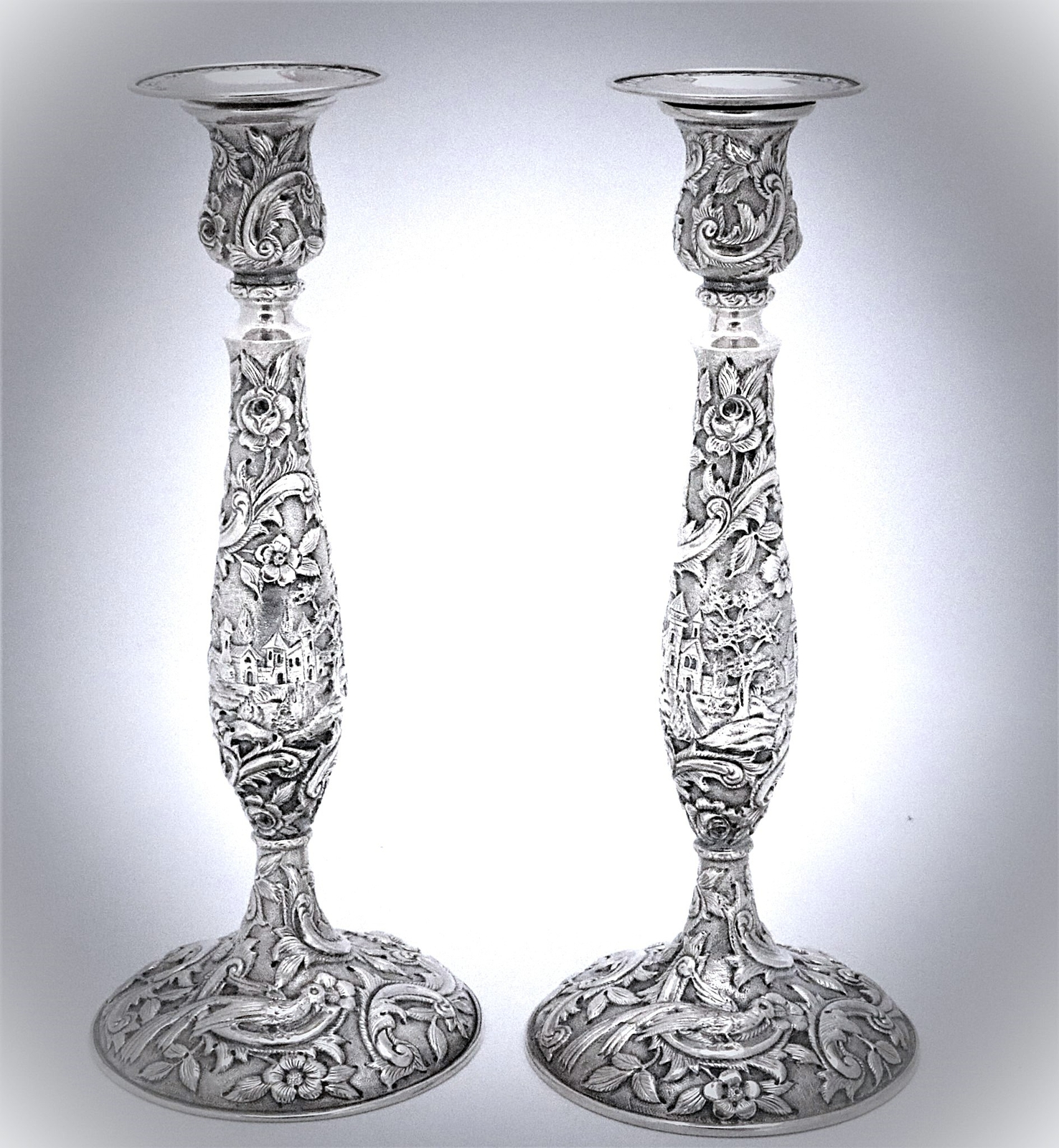 The Loring Andrews Repousse Castle Landscape Sterling Silver Candlesticks