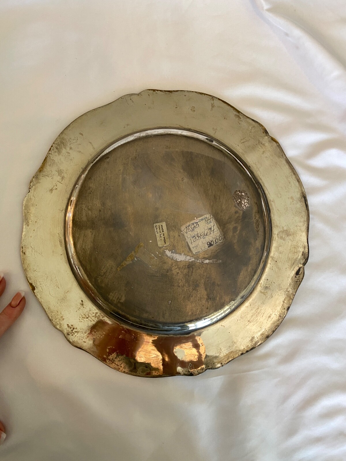 MCM Unique Serving Tray Platter Scalloped Silver Plate + Brass # & Signed