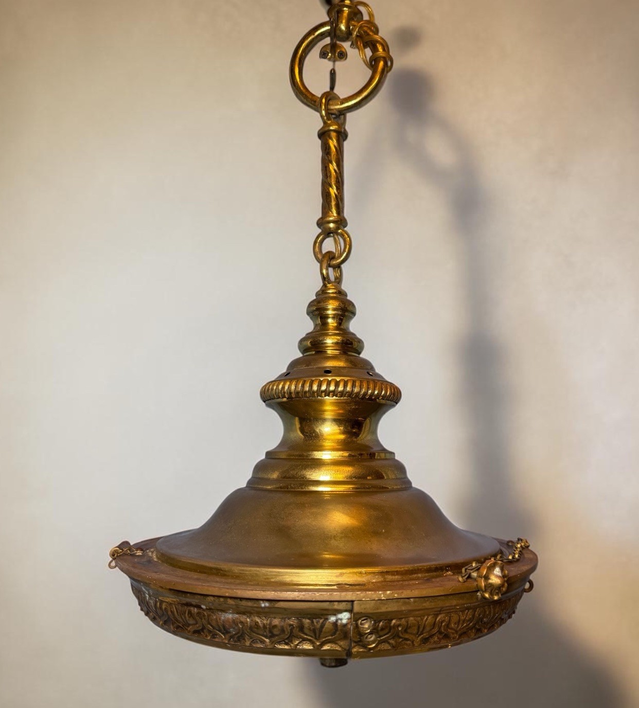 Antique Cast Brass Pendant Ornate Railway Commercial School Bank Chandelier 14”d