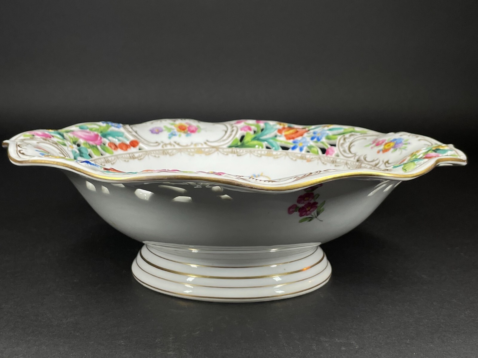 Carl Thieme Dresden Large Footed Painted Floral Reticulated Centerpiece Bowl