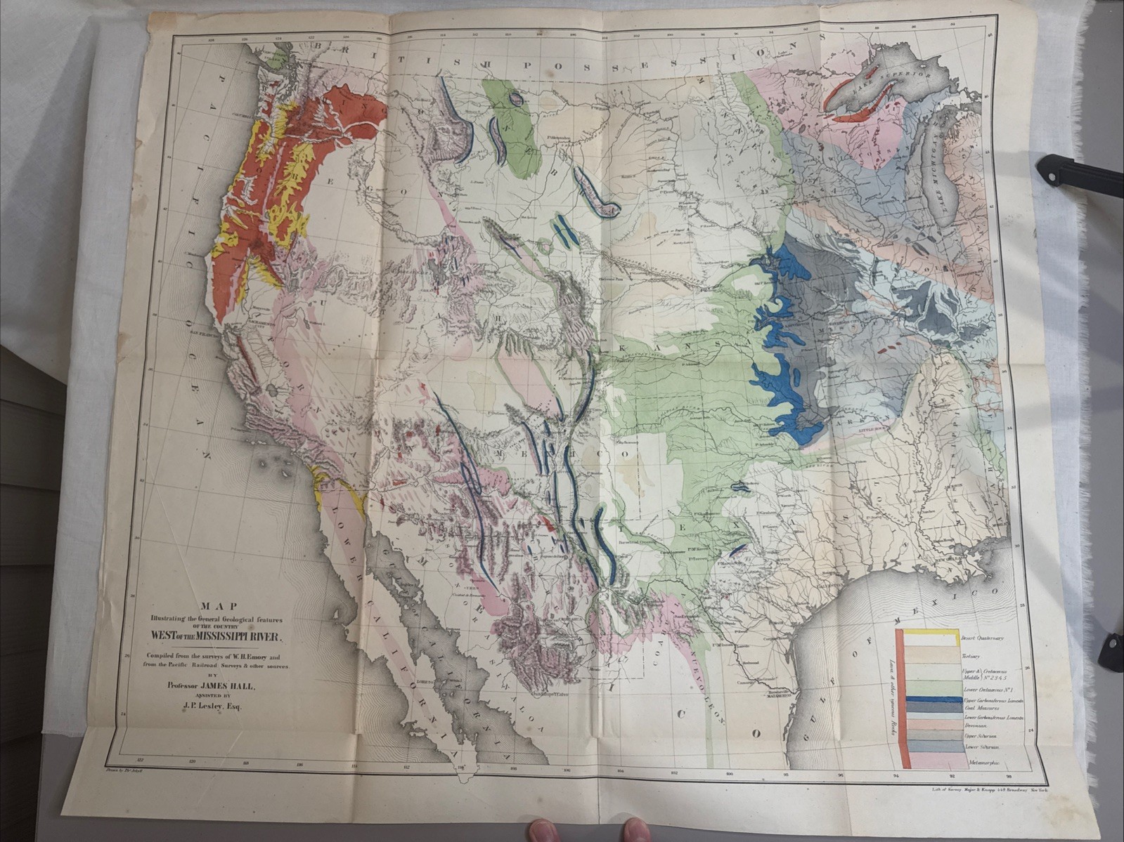 1858 James Hall West Mississippi Geological Map Emory Boundary Survey Western