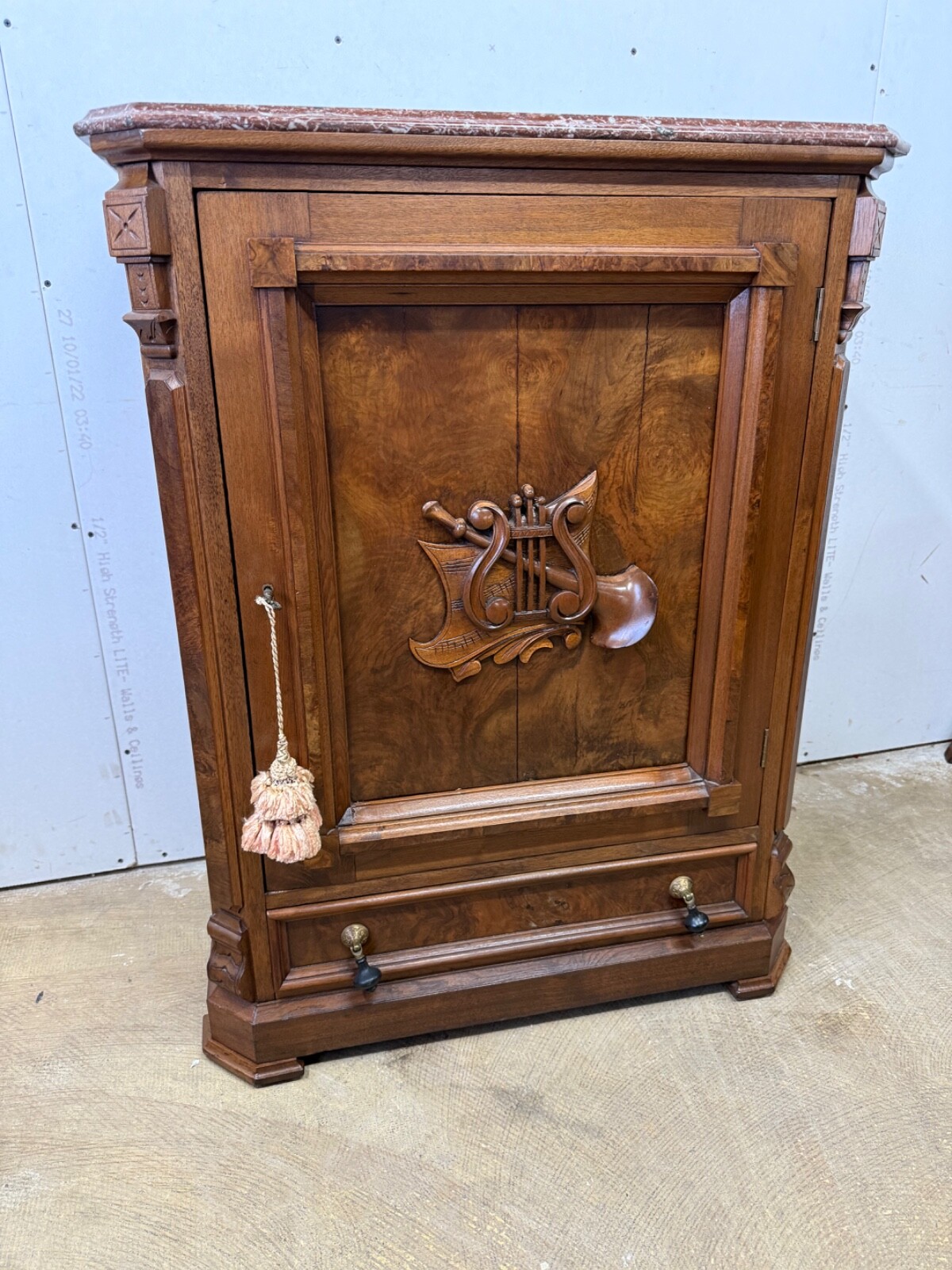 Antique Victorian Burl Walnut Credenza Marble Top Hall Console Table 1860 Carved