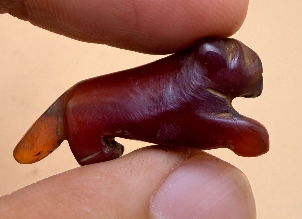 Roman Old Carnelian Agate Lion Animal Bead Carved Stone Pendant Amulet Ancient