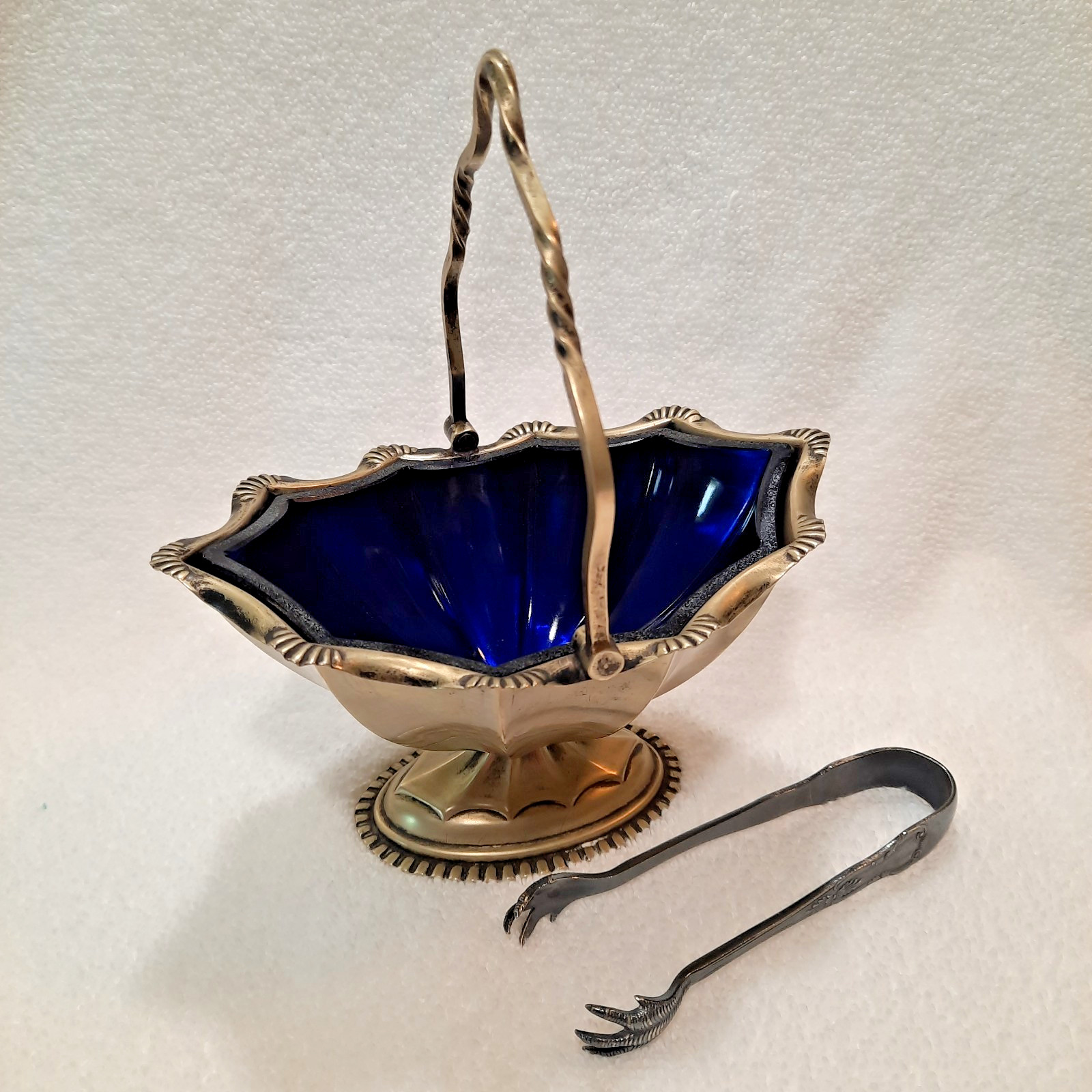 Antique Vintage Cobalt Blue Sugar Basket Silver Plate Claw Sugar Tong 6″w x 7″h