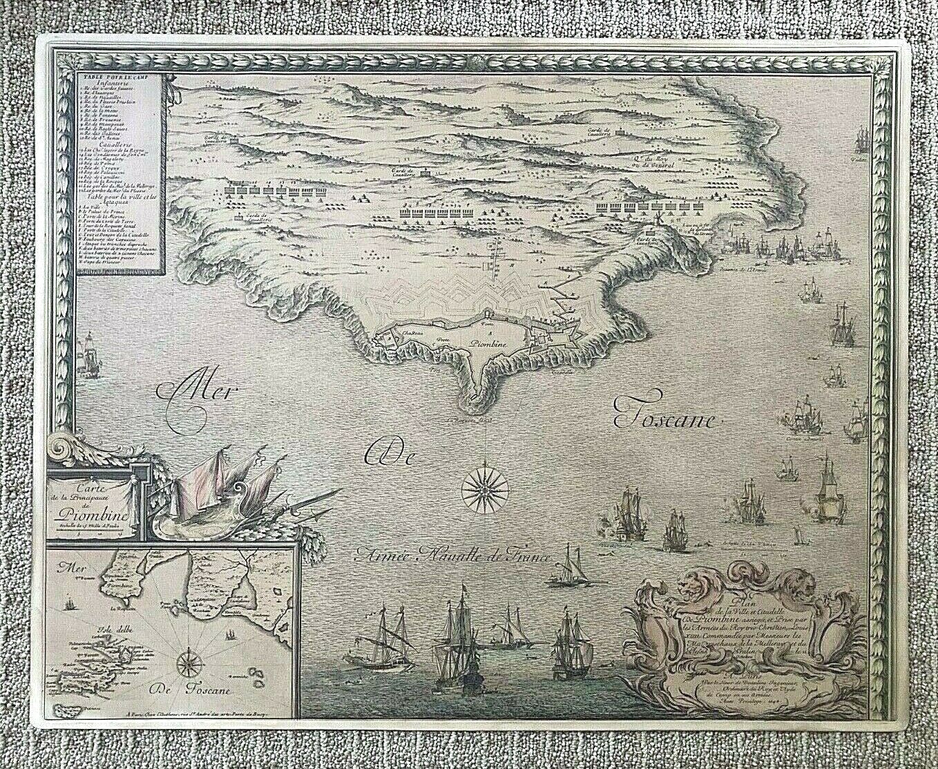ORIGINAL TUSCANY’S PIOMBINO FORTRESS CAPTURED by LOUIS XIV 1646 SIEGE MAP c1910s