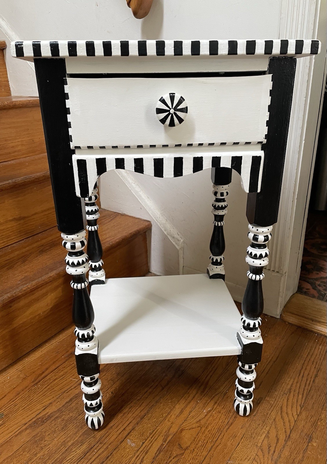 Whimsical Accent Table Side Table Hand Painted Black & White Antique