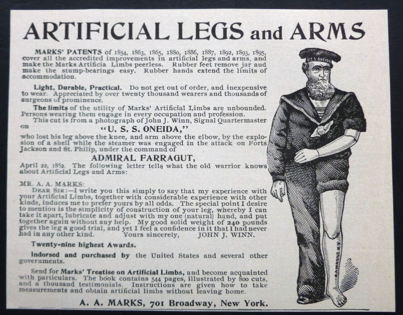 1898 Antique Ad – A. A. Marks Artificial Legs & Arms