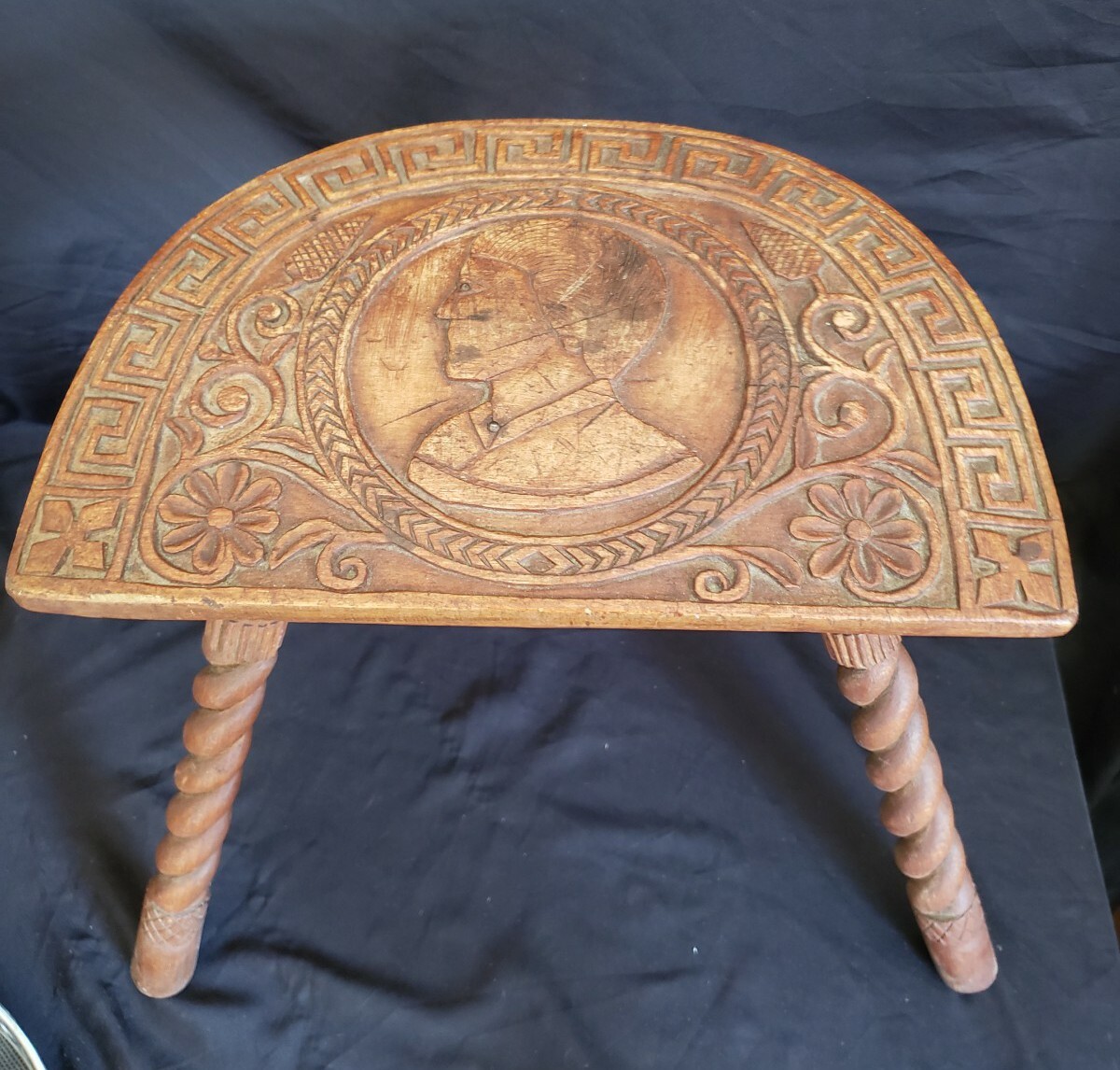 Antique Primitive CARVED 3 Legged Wood Milk Stool. Rustic Farm UNUSUAL 15.5″ H