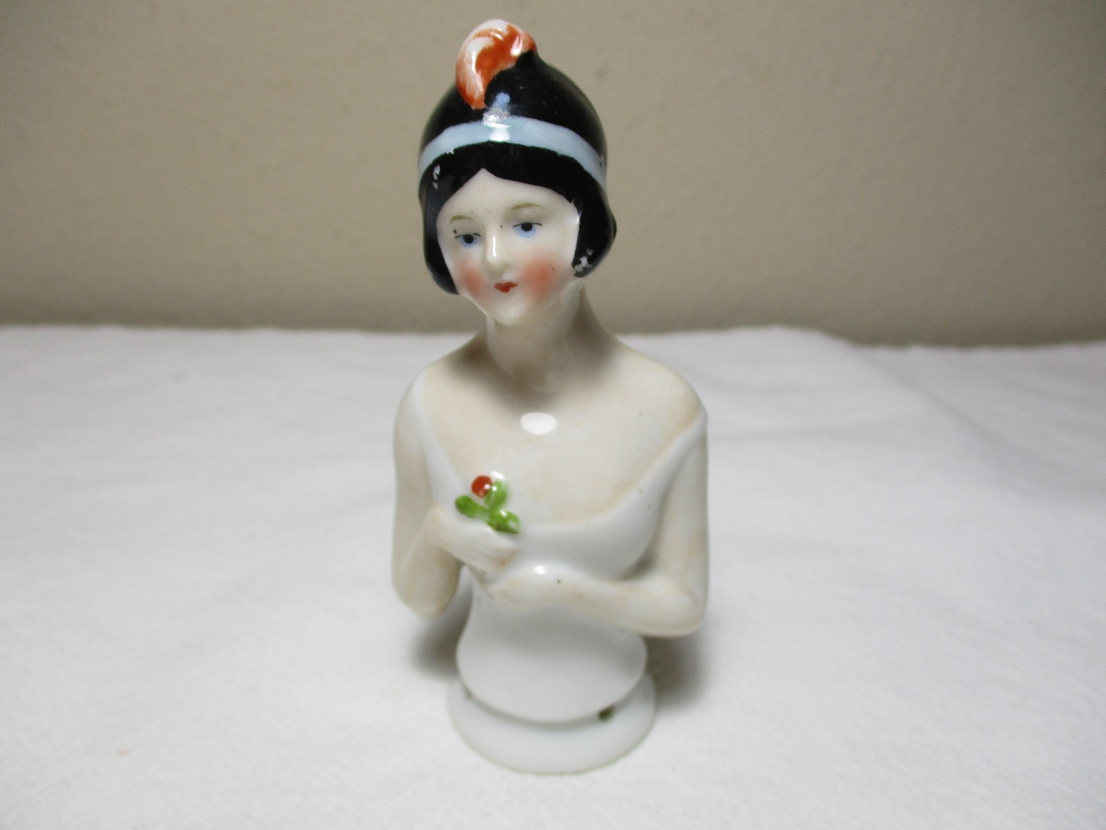 GERMANY FLAPPER PIN CUSHION HALF DOLL HOLDING ROSE 3 1/2″