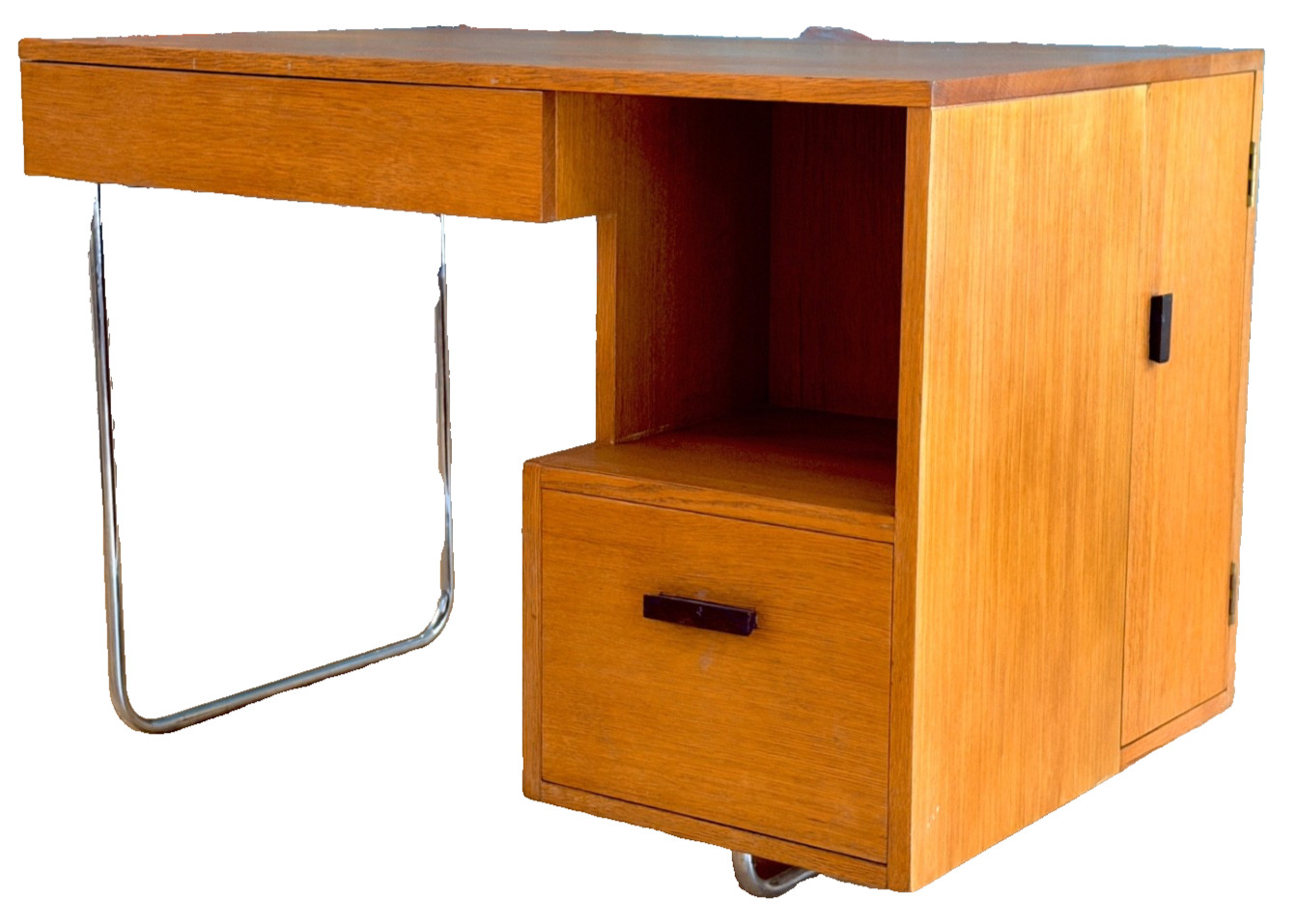 Art Deco Bauhaus Oak Wood Tubular Chrome Desk Cabinet Arts Crafts Vtg Modern