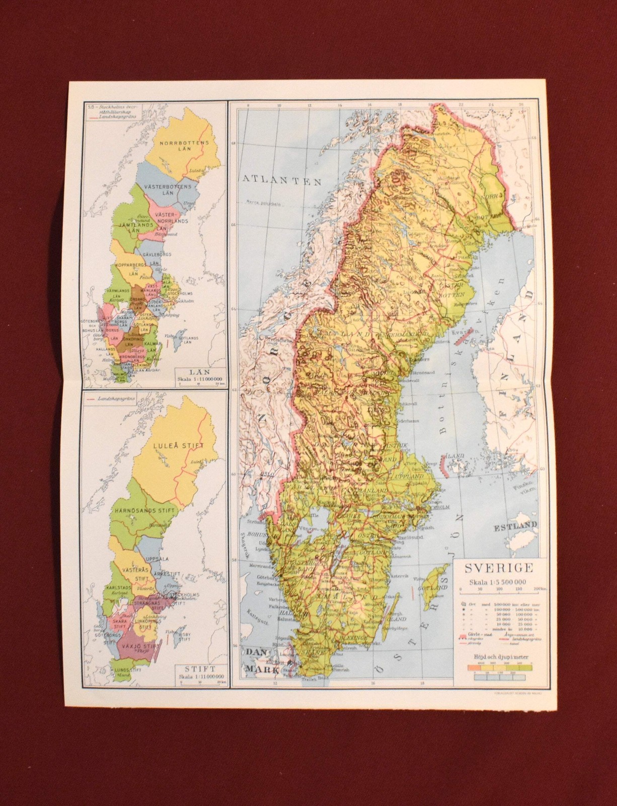 Map of Sweden, ‘Sverige’ Swedish Encyclopedia Plate 1950’s
