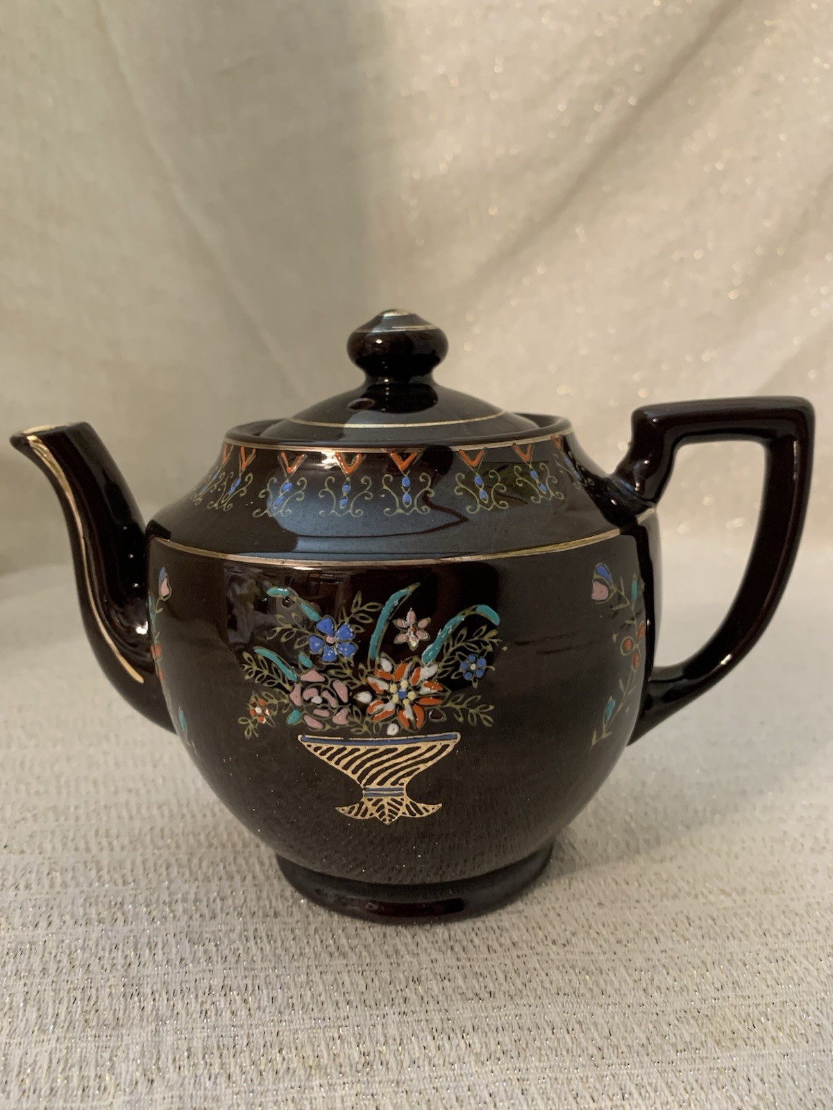 Vtg Teapot Occupied Japan Hand Painted Brown Porcelain Tea Pot Embossed Flowers