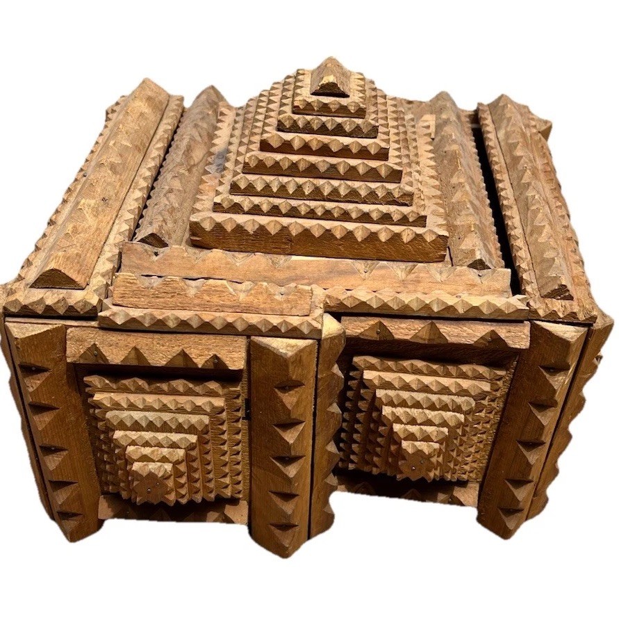 Antique Tramp Art Chip Carved Wood Box Folk Art Casket 1930s 1940s 14”