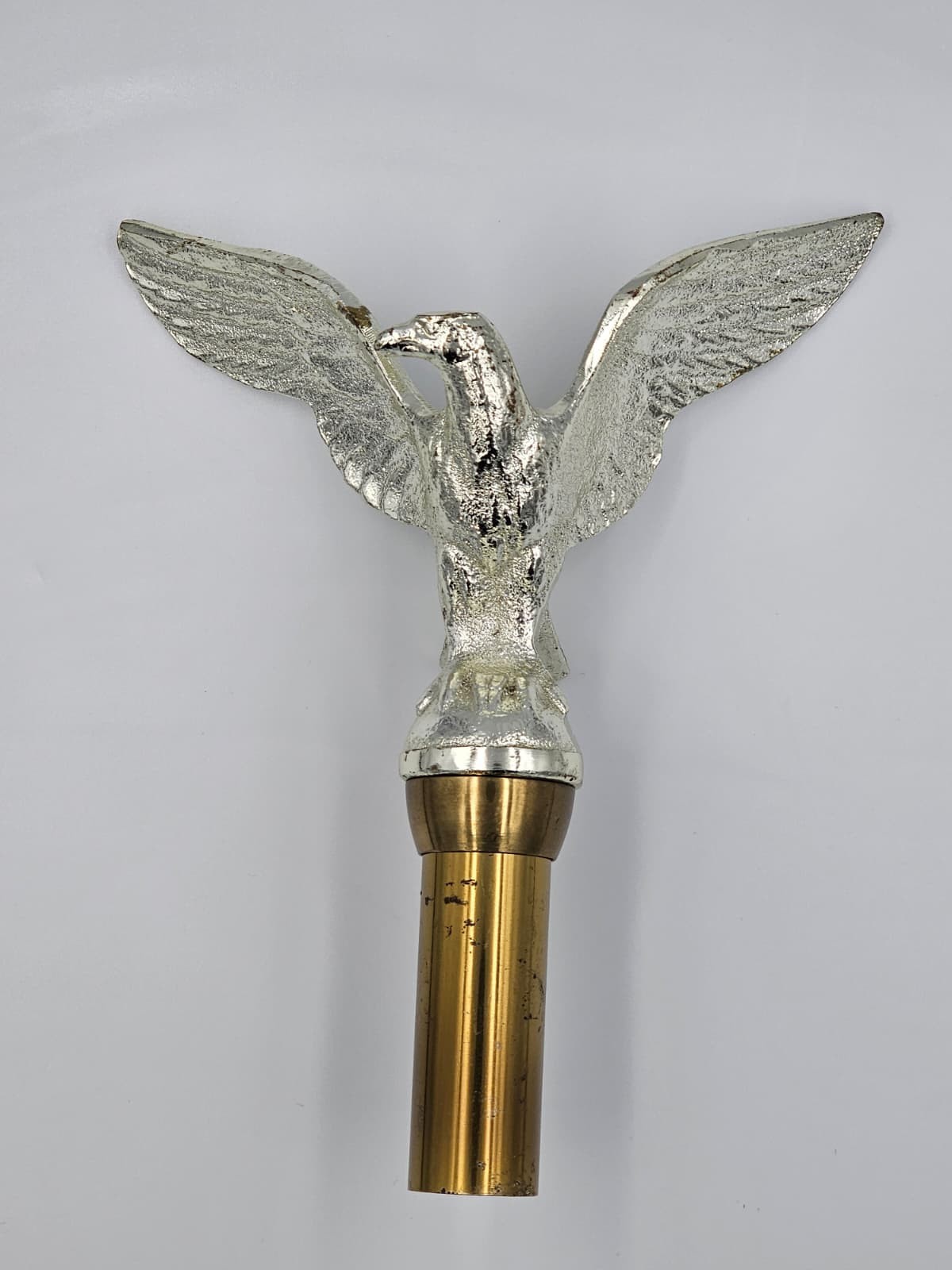 Vtg Brass Flagpole Eagle Finial Brass Silver Plated Bald Eagle Patriotic Topper