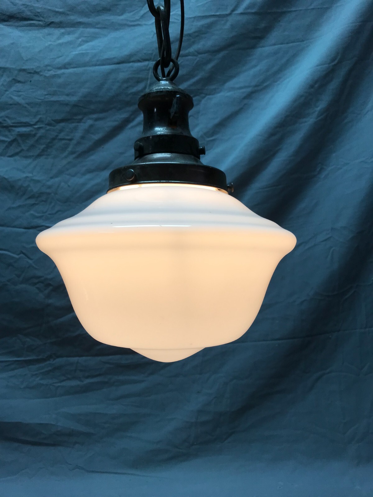 Antique 9″ Schoolhouse Bank Ceiling Light White Glass Globe VTG Bronze 295-23B