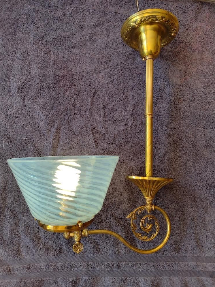 Chandelier Antique 1870 -1900s , Gas to Elec. Hand Made Opalecent Swirl Shade.