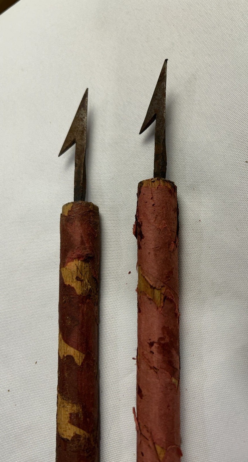 Antique Primitive Hand Forged Single Barb Fish Spear Harpoon Dart Pair 30″ Wood