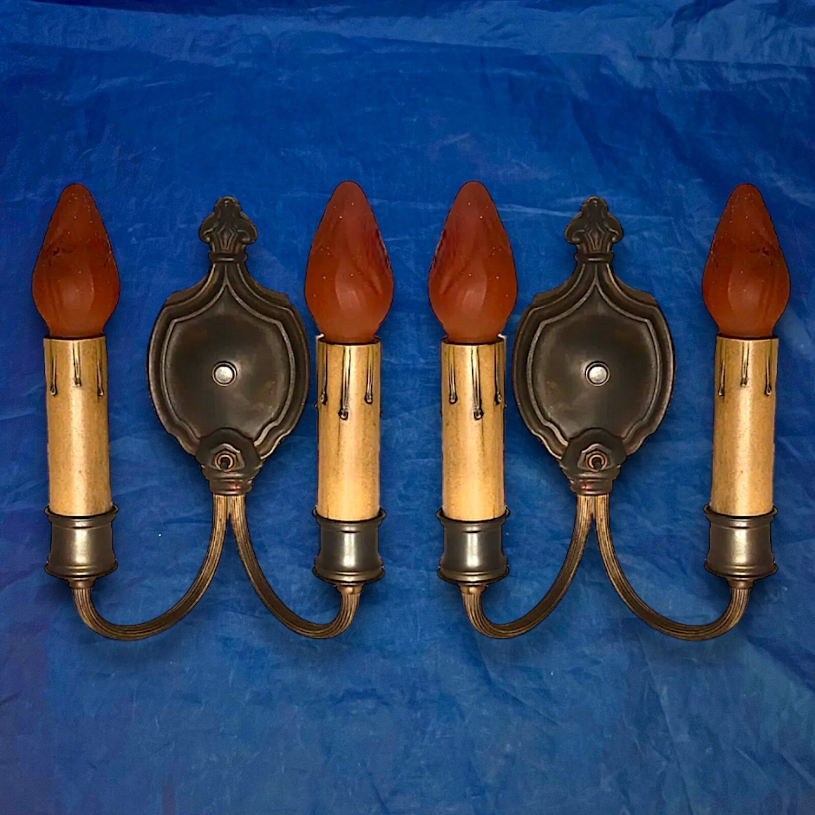 Wired Pair Early 1920’s Antique Two Arm Brass Wall Sconce Fixtures Dark 26F