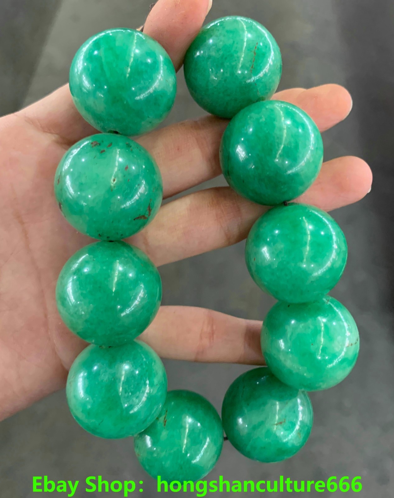 Qing dynasty Natural jadeite Jade Carved Amulet Round bead Hand string Bracelet