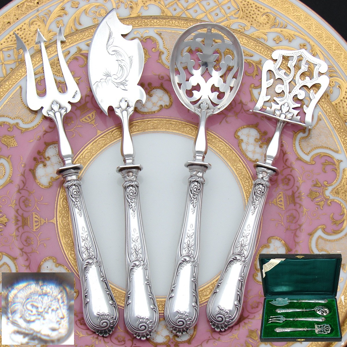 Antique French Sterling Silver 4pc Condiment or Hors d’Oeuvre Service Set in Box