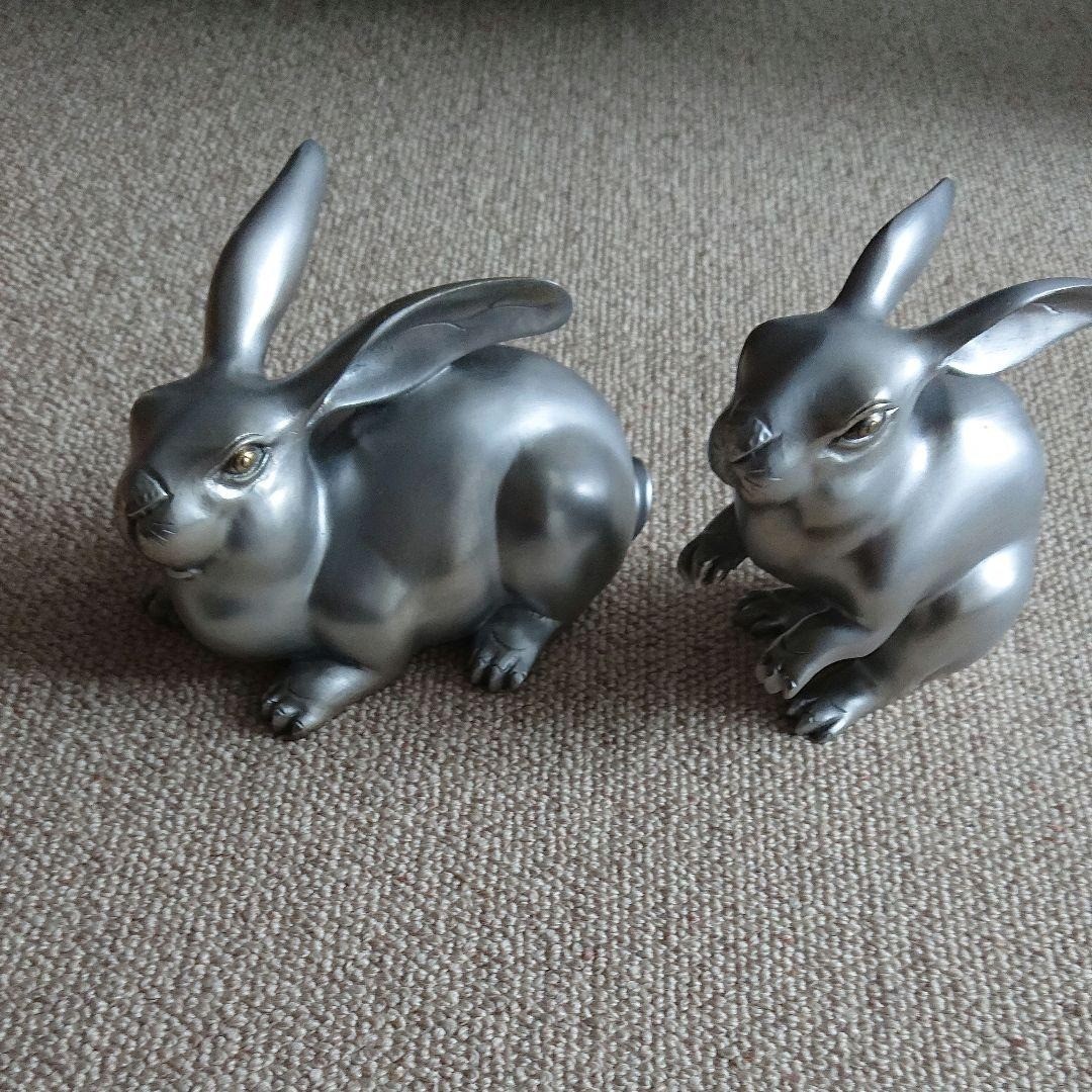 Japanese Vintage Rabbit Bronze Statue Pair Animal Sculpture Metalwork Figurine
