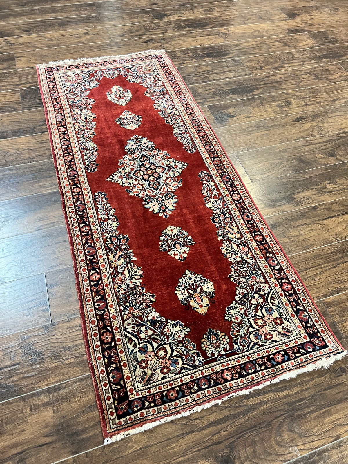 Oriental Short Runner Rug 2.7 x 6 Semi Open Field Red Handmade Wool Carpet