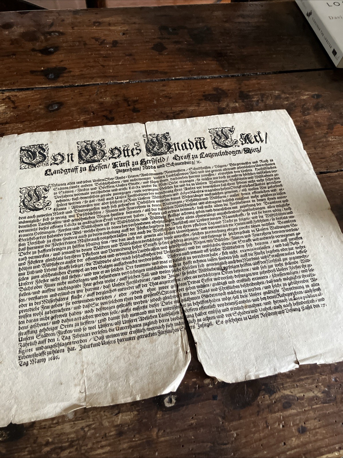 1686 German Sovereign Decree Poaching Law Hesse Katzenelnbogen Diez