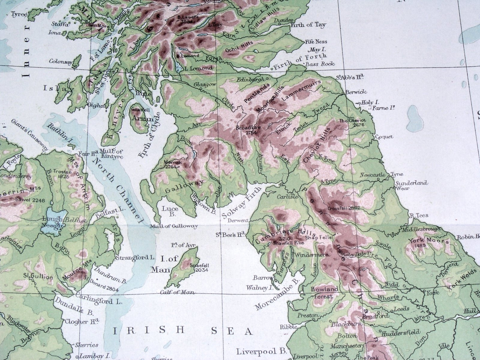 1908 ANTIQUE PHYSICAL MAP UNITED KINGDOM GREAT BRITAIN ENGLAND SCOTLAND IRELAND