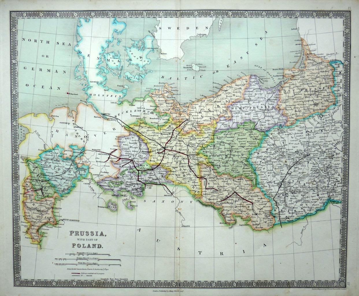 POLAND PRUSSIA BY JOHN DOWER c1844 GENUINE ANTIQUE MAP ORIGINAL HAND COLOUR