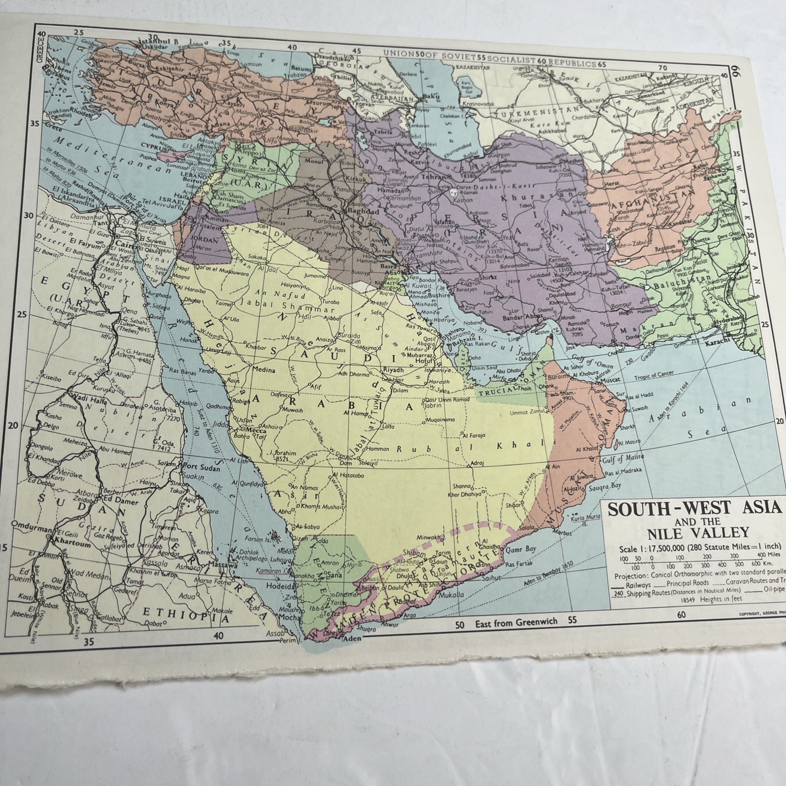 1960: Map of South West Asia & The Nile Valley Vintage Old Atlas print BE66 Gift