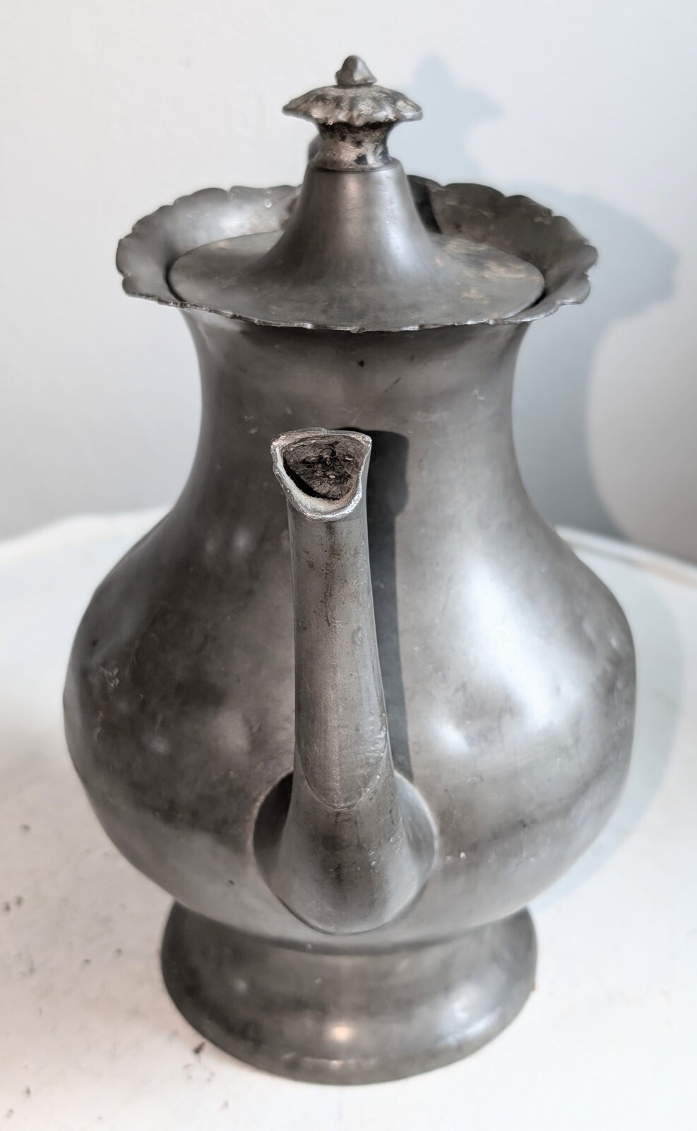 Antique Large Primitive 1850s German Pewter Coffee Pot Teapot 11″