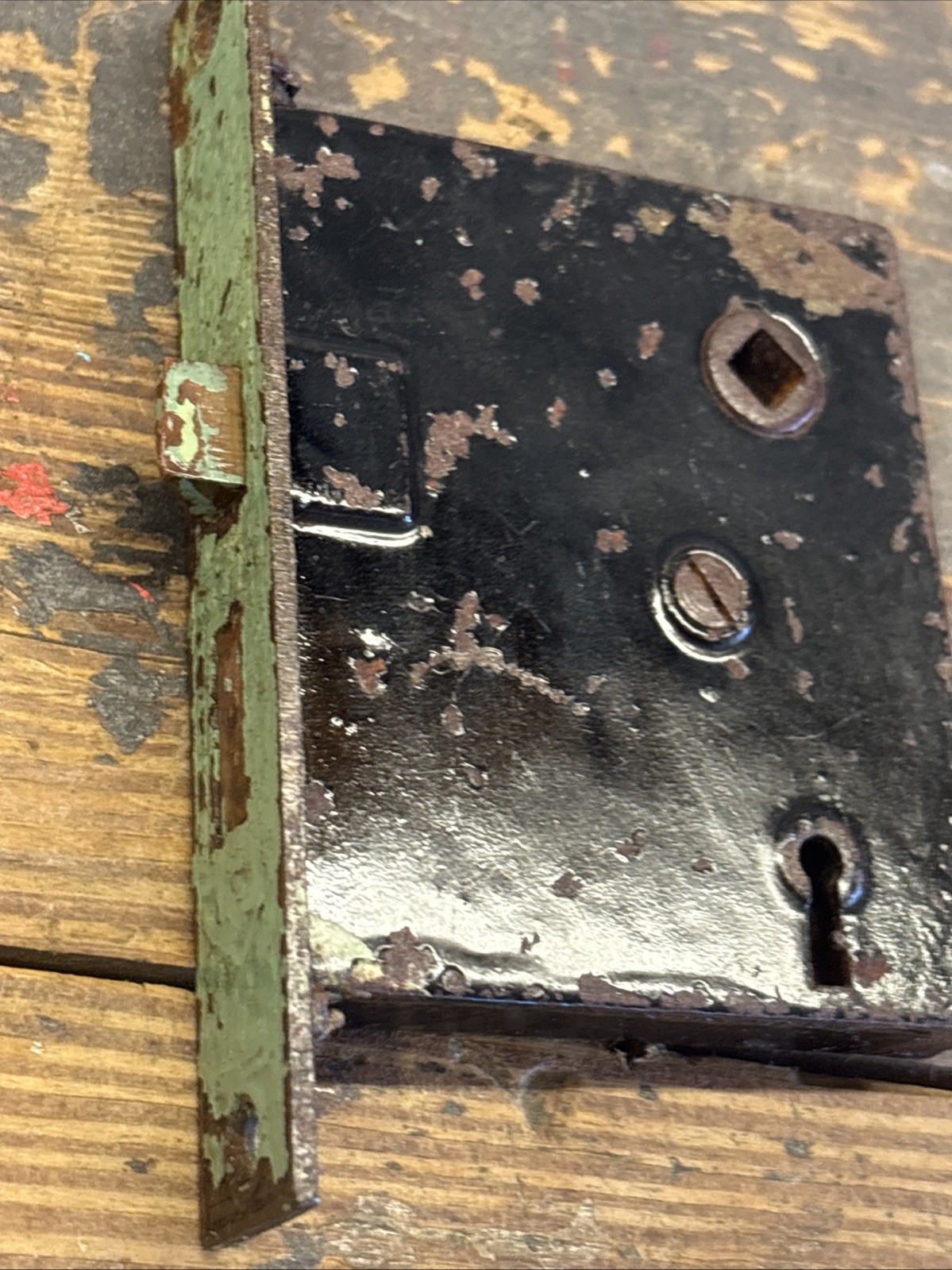 Vintage Mortise Lock Door Hardware Salvage Skeleton Keyhole NO Key Green Paint