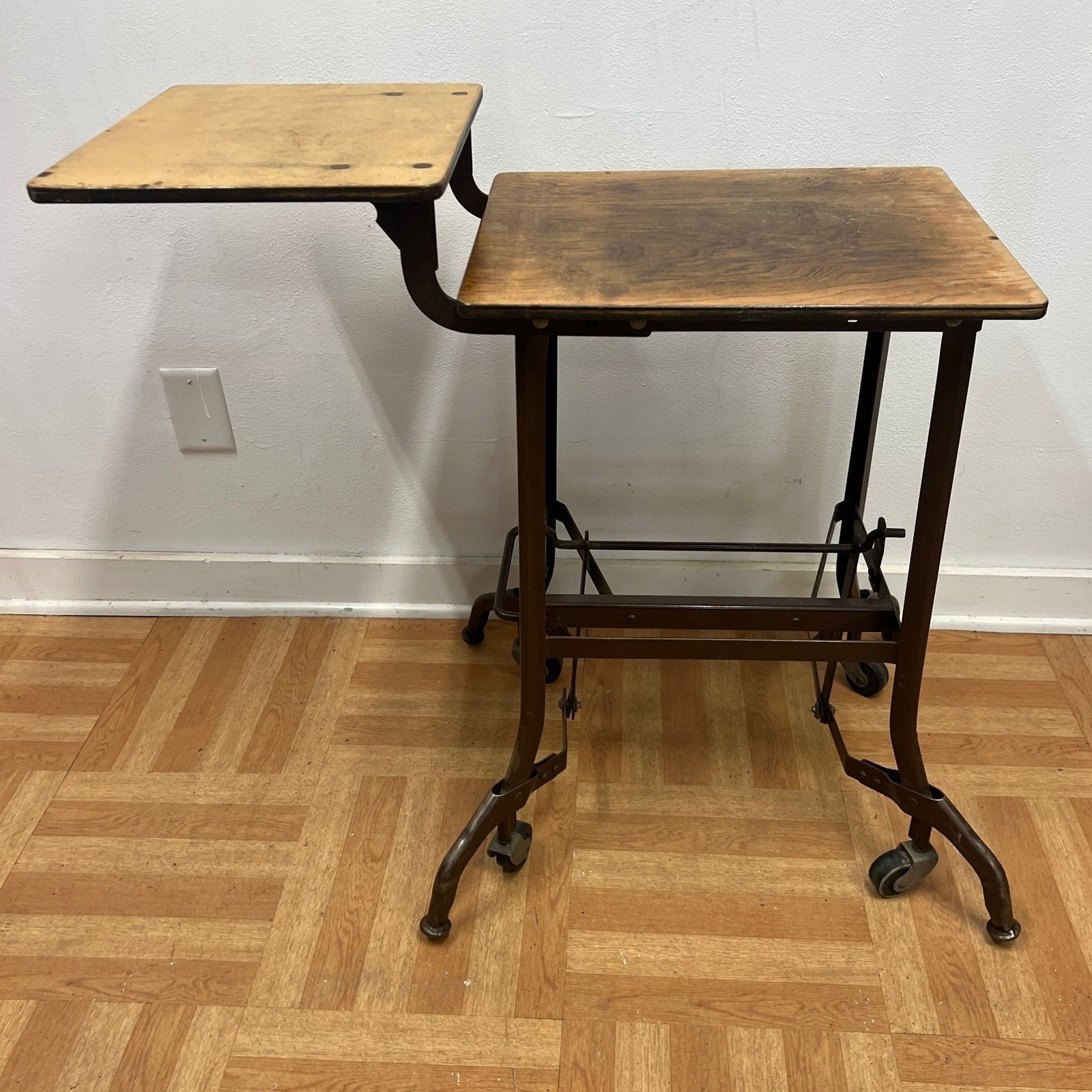 Vintage UHL Toledo Typewriter Table Industrial Metal Wood Drop Leaf Stand Steel