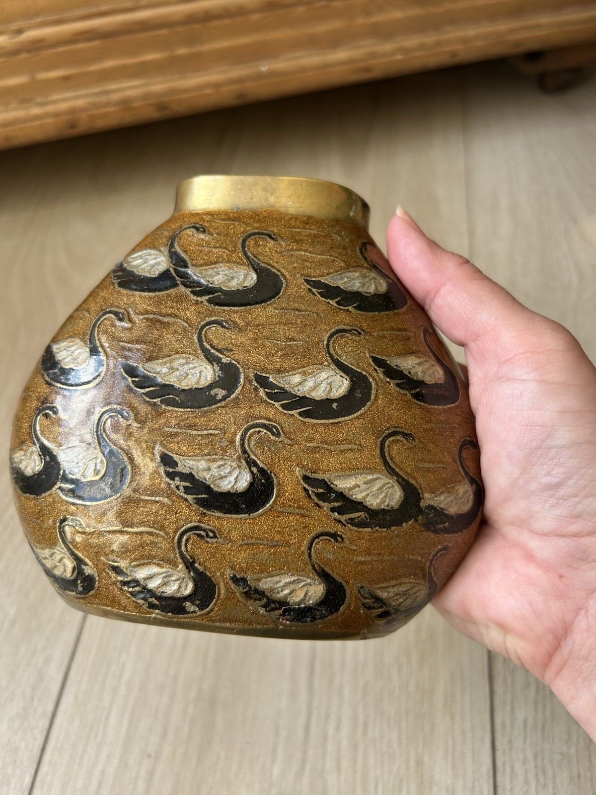 Vintage Heavy Brass Cloisonné Style Swan Vase Black & White Enamel Boho (1200)