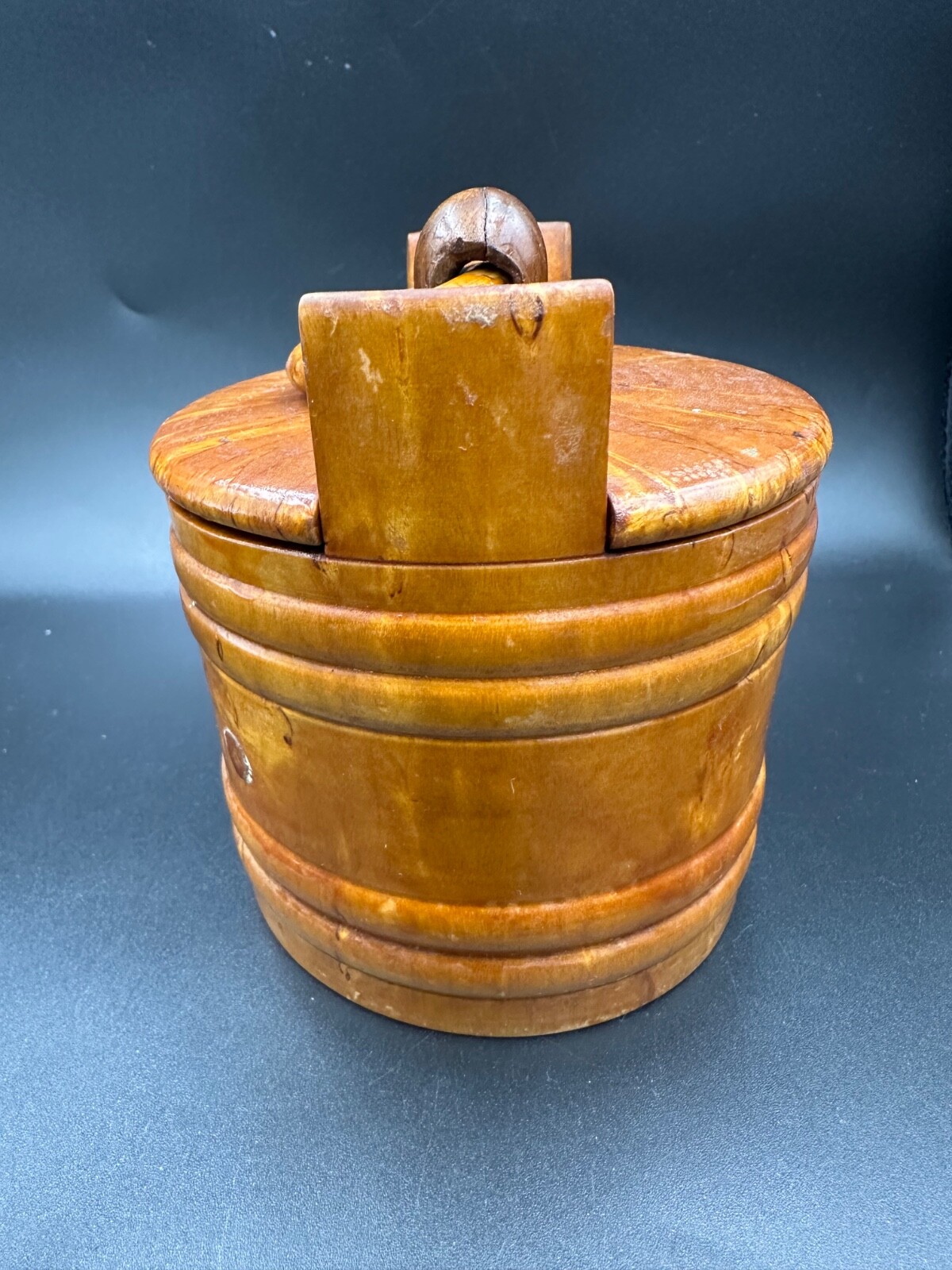 ANTIQUE BOX primitive case Karelian Birch wood Maple cap Art Nouveau glass vtg