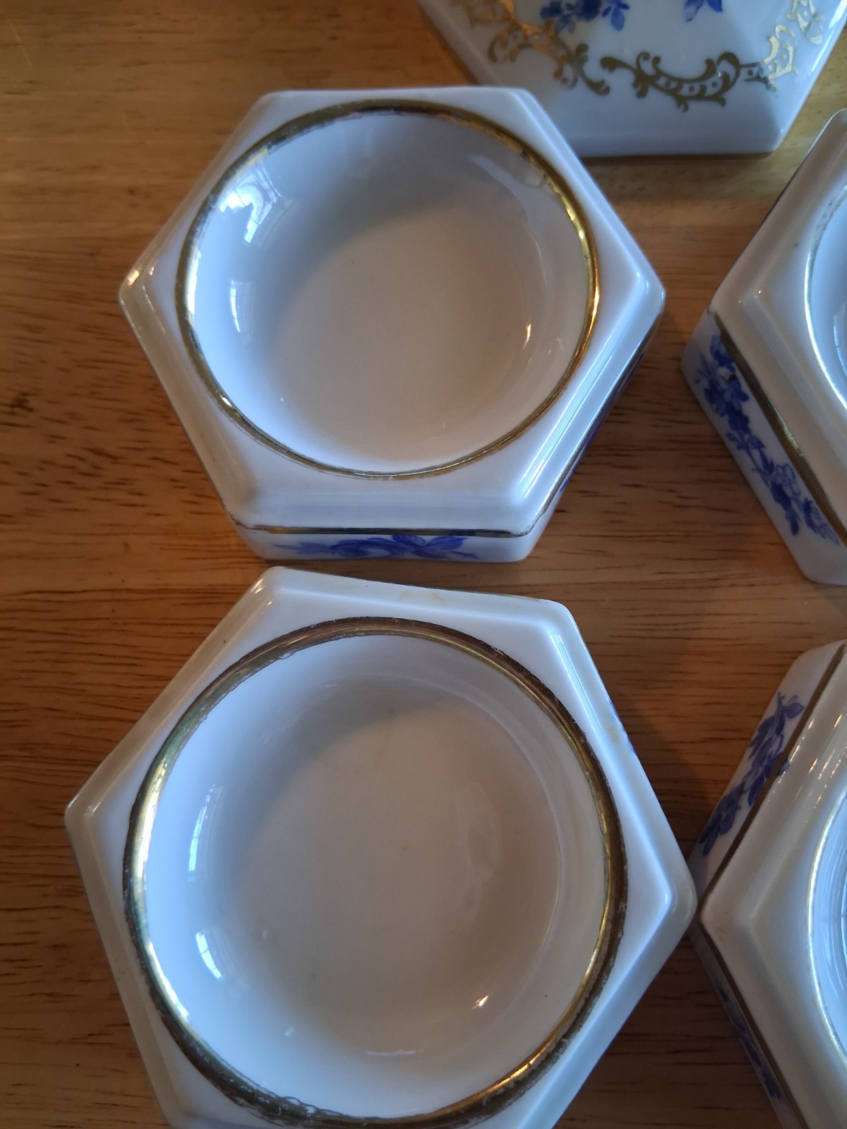 Vintage Hexagonal White With Flowers & Gold Trim 5pc Stackable Open Salt Cellar