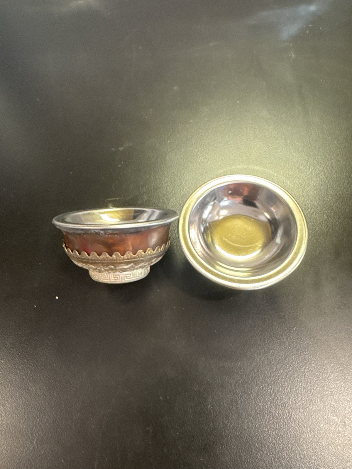 Tibetan Ceremonial Tea Bowl Silver Metal With wood Set of 2