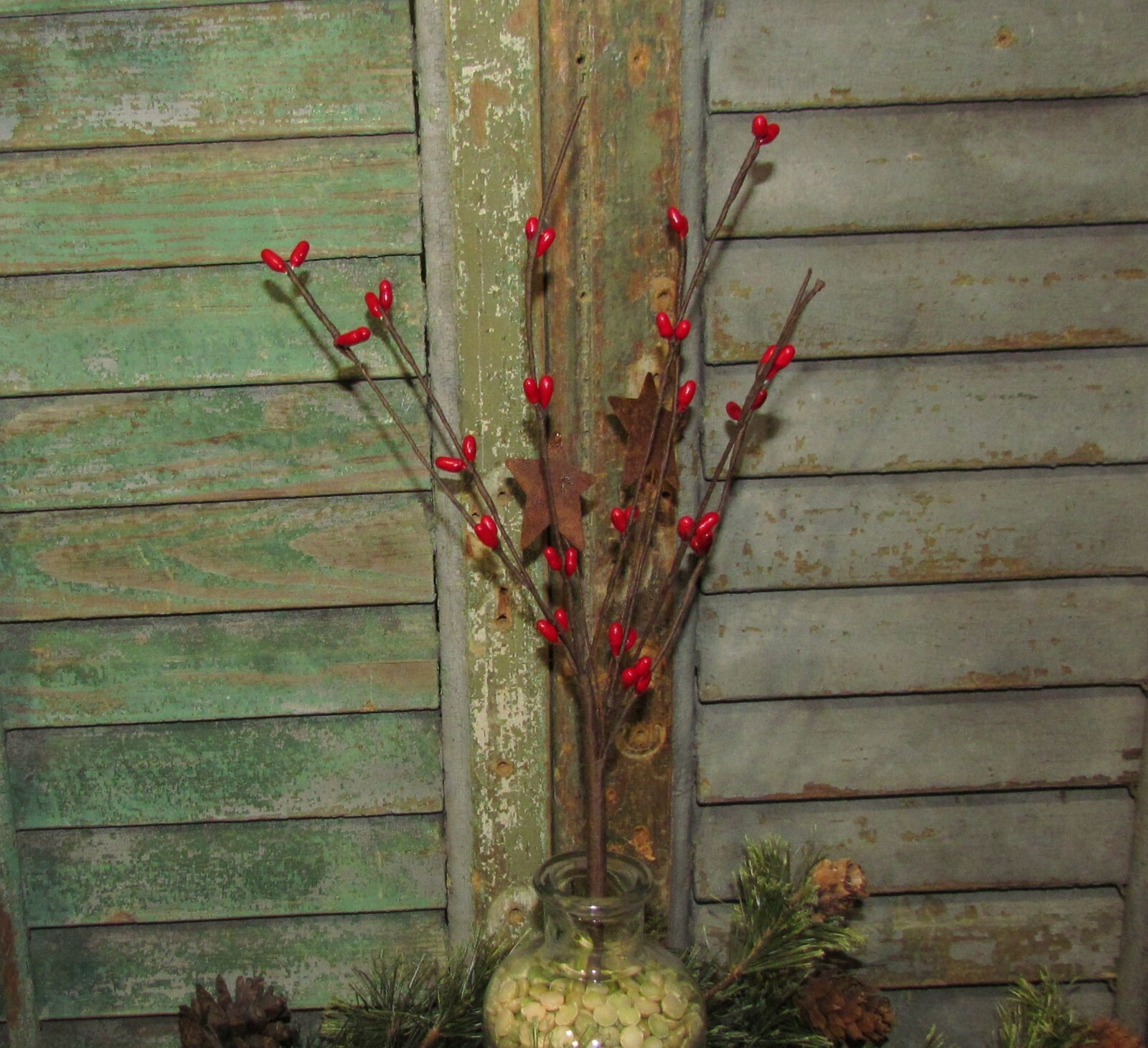 (4) Prim 12″ Floral Red Pip with Stars Bush Artificial Plant Fake Foliage Pick