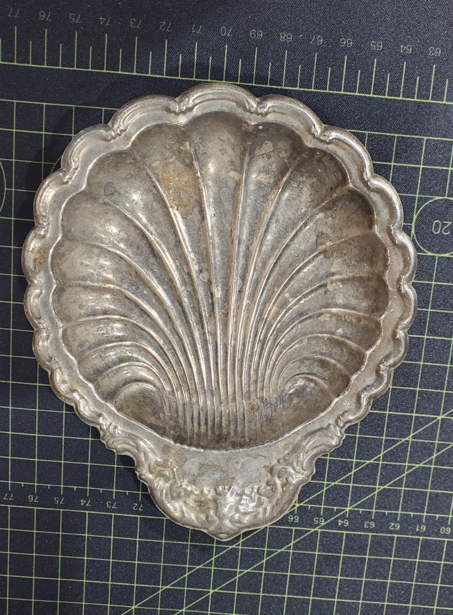 Vintage Silverplate Scallop Shell Dish – Coastal Catchall – Ornate Scroll Handle