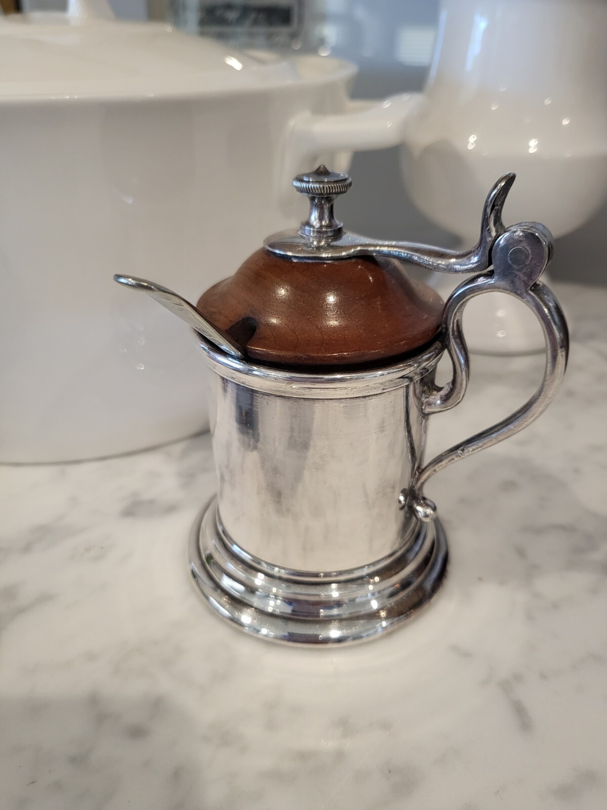 Rare Vintage Antique Silver Mustard Pot With Wooden Lid & Sterling Silver Spoon