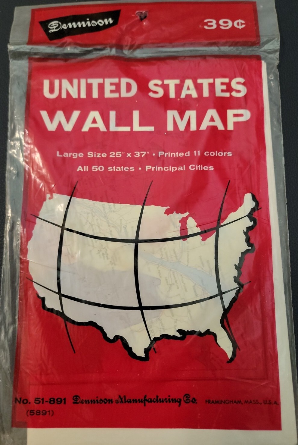Vintage 1960’s Dennison No. 51-891 United Statws Wall Map 25″x37″ NOS Sealed