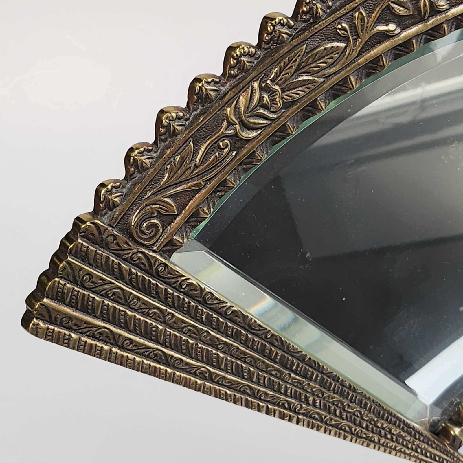 Vintage French Ornate Table Beveled Glass Vanity Fan Mirror Hollywood Regency