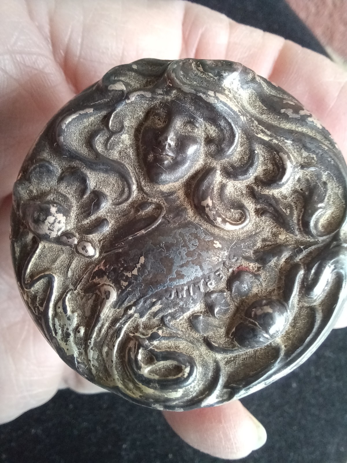 ANTIQUE ART NOUVEAU STERLING LADY REPOUSSE LID ZIPPER CUT GLASS VANITY JAR