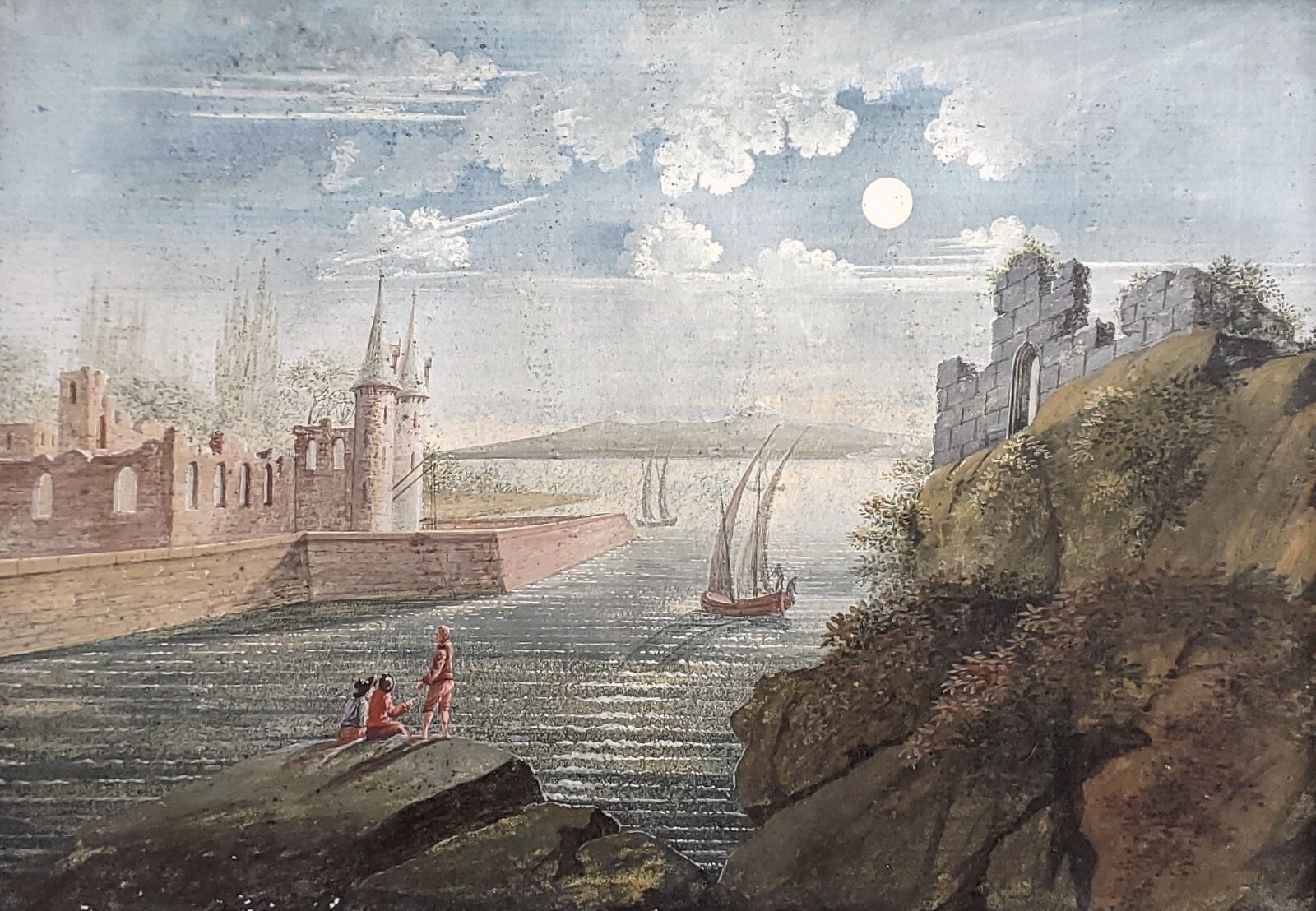 Antique 18th c. Watercolor Painting on Laid Paper European Fantasy Landscape