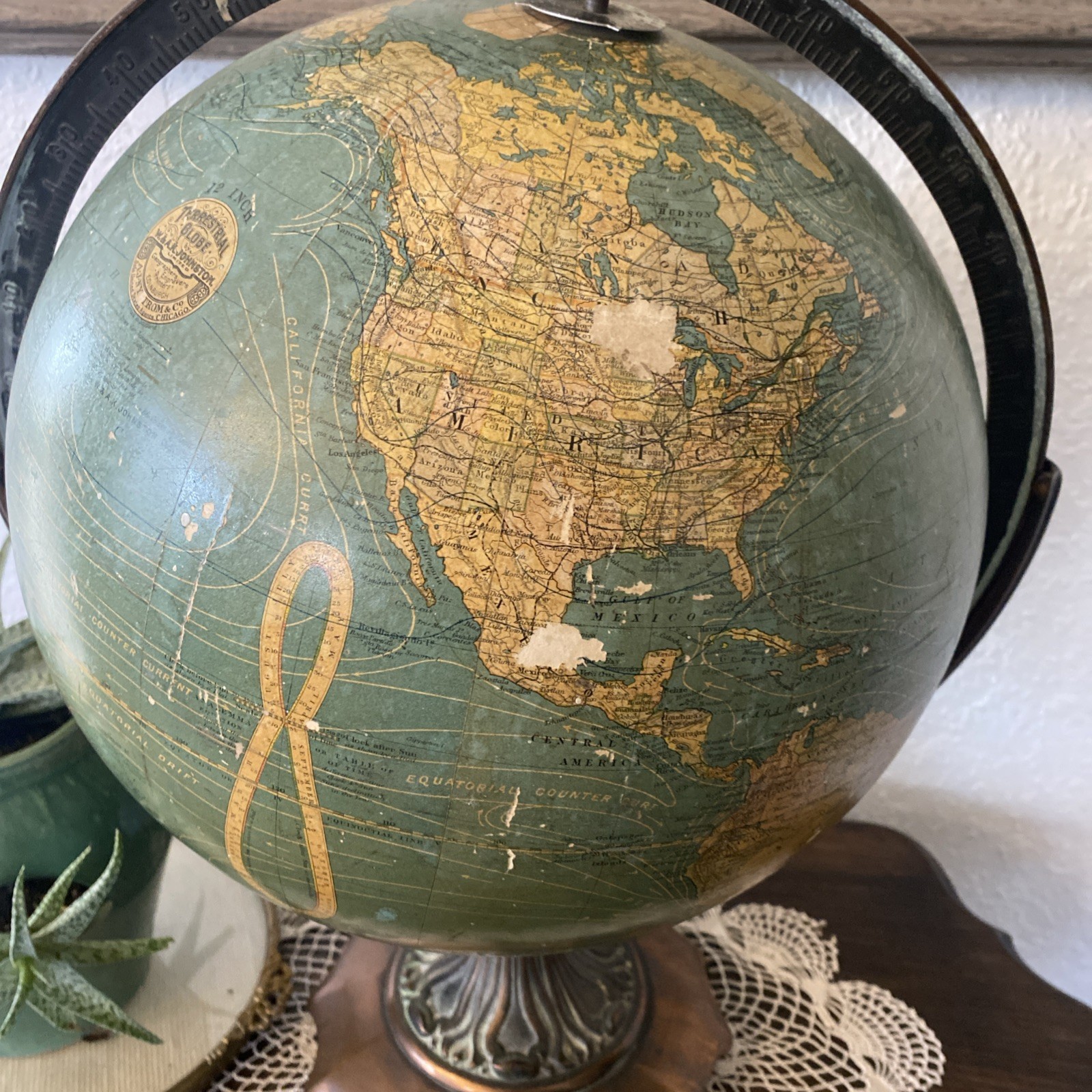 ANTIQUE W & AK JOHNSTON 12 INCH TERRESTRIAL GLOBE ON STAND