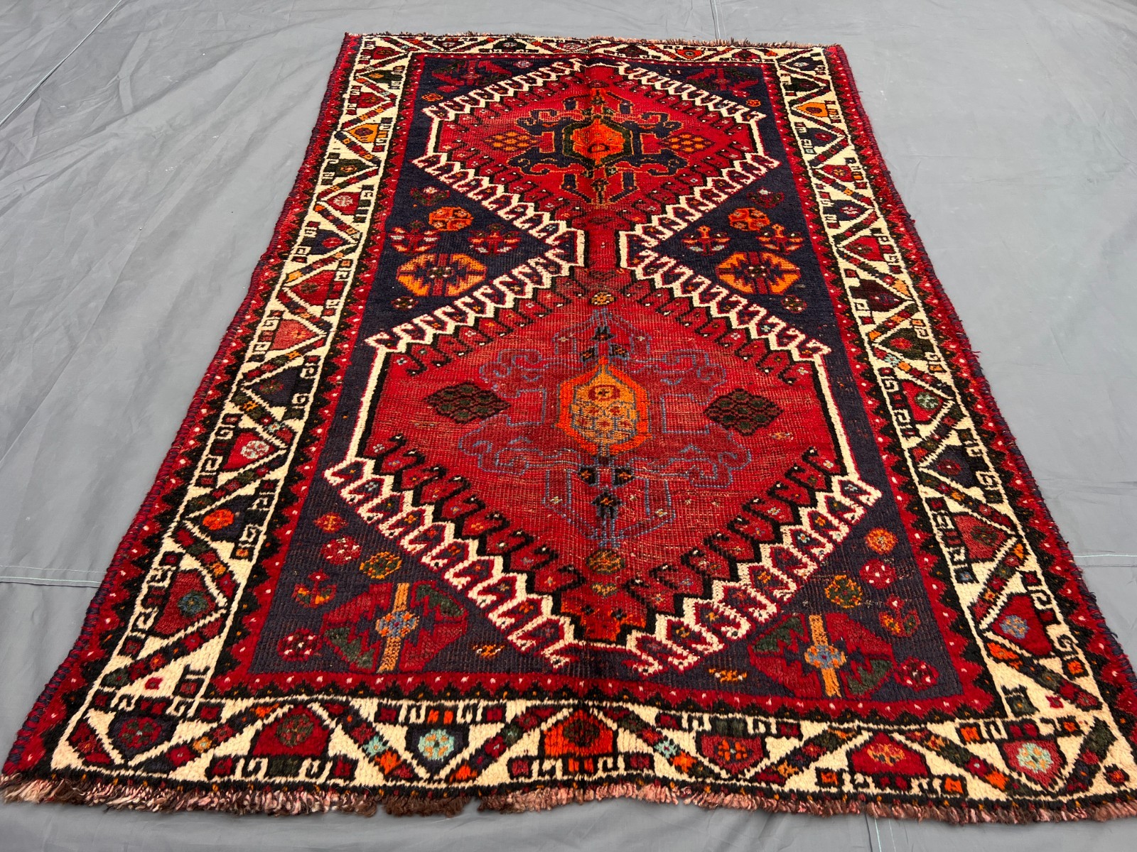 3’8×5’5 ft Vintage Afghan Baluchi Red & Navy Geometric Diamond Design Area Rug