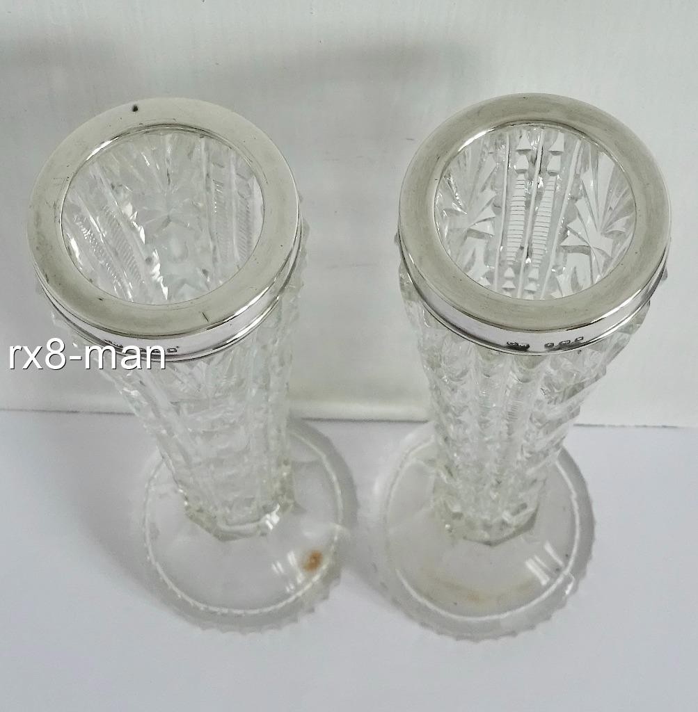 SUPERB ANTIQUE PAIR OF SOLID SILVER MOUNTED CUT GLASS BUD FLOWER VASES LON 1921