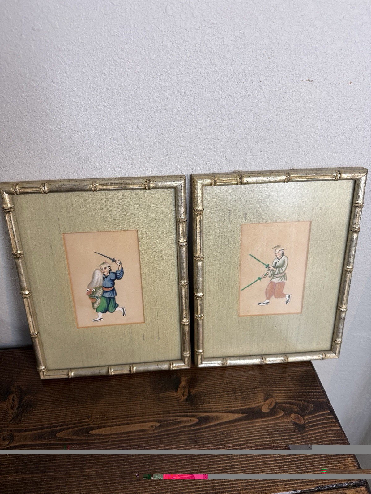 Antique Set Of Chinese Pith Rice Paper Paintings Silver Toned Bamboo Frame