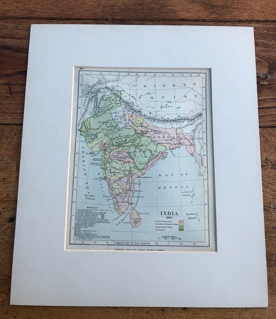 1907 mounted map. india in 1804 ( longmans green and co )